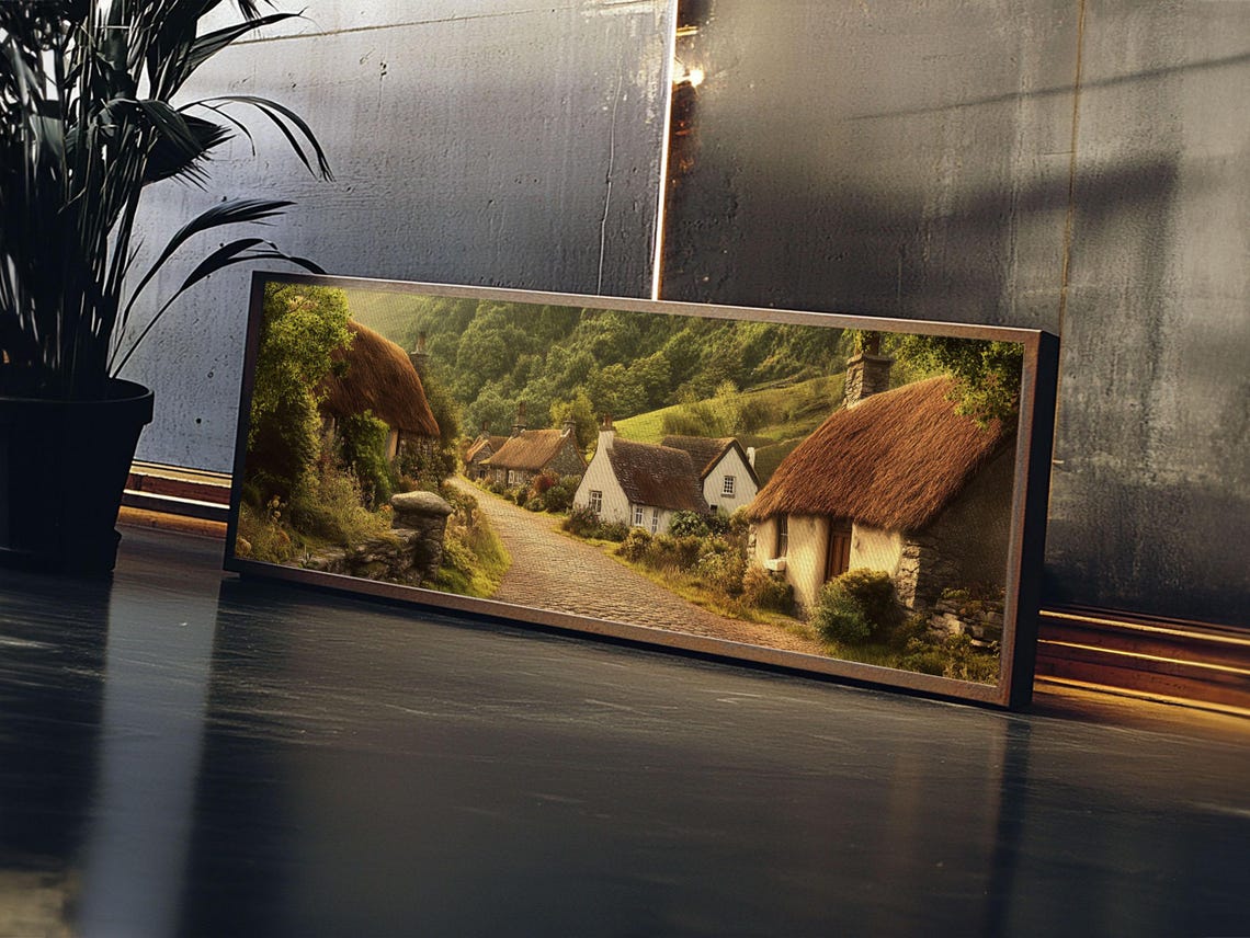 Irish Thatched Cottage Village Cobblestone Lane Panoramic Wall Poster - Image 3