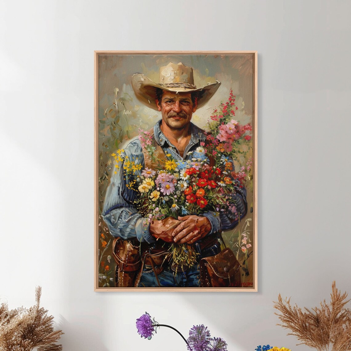 Smiling Cowboy Holding Wildflower Bouquet Colorful Western Art Poster - Image 3