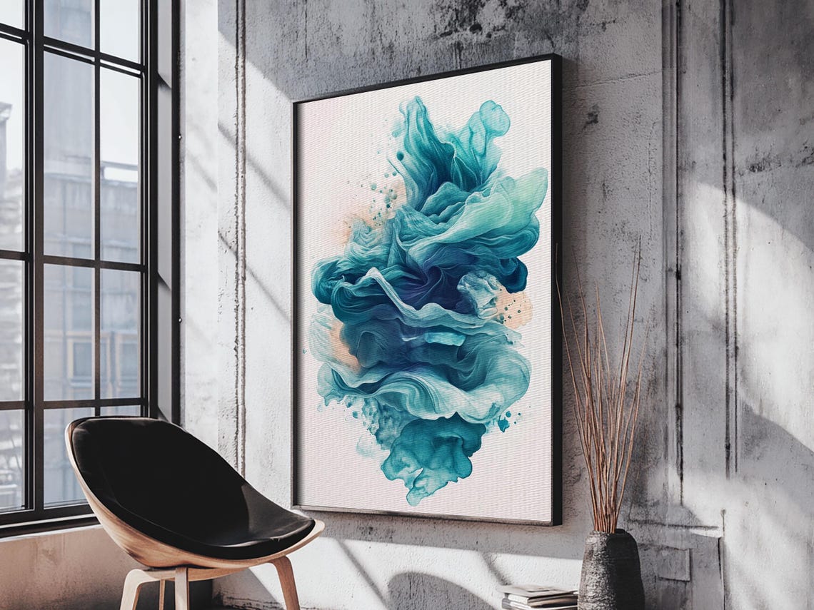 Abstract Teal Ocean Waves Watercolor Flowing Coastal Zen Wall Art - Image 4