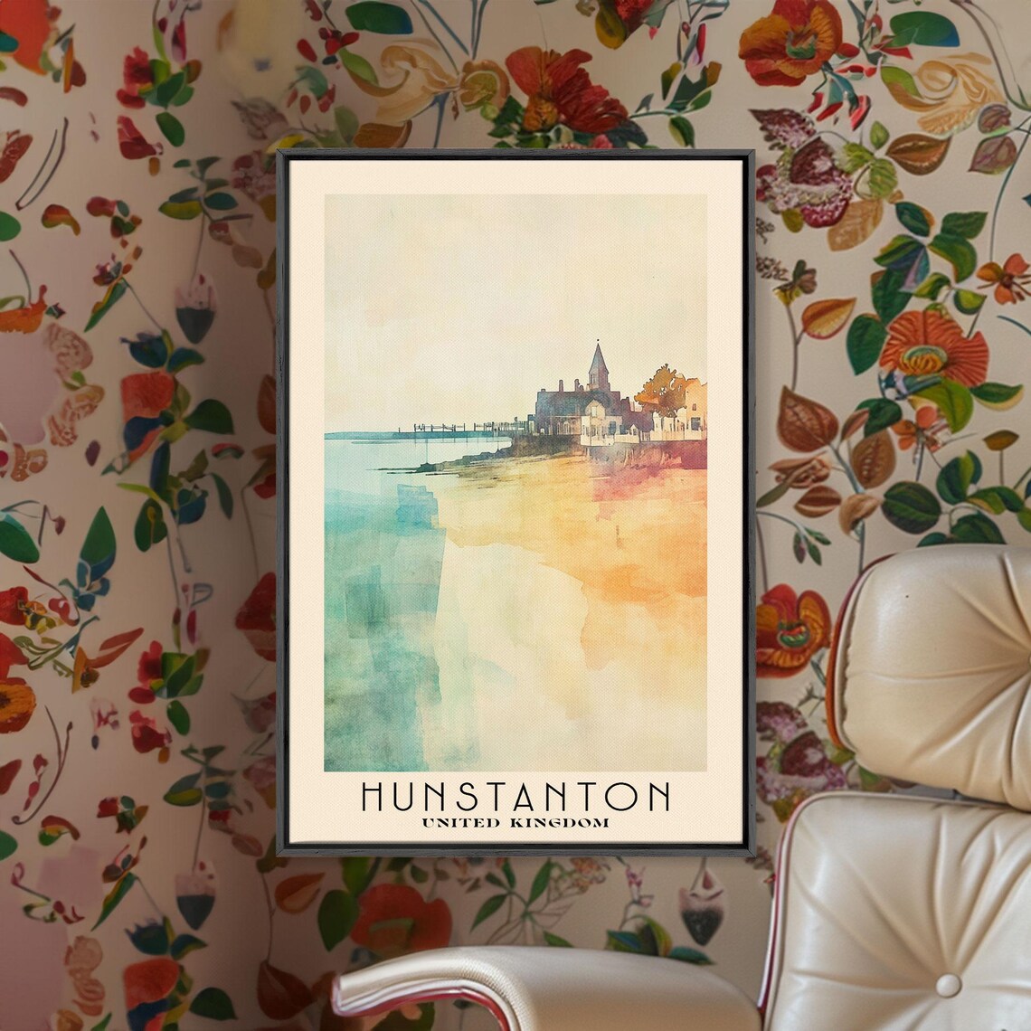 Hunstanton England Seaside Sunset Watercolor Pier and Church View Poster - Image 2