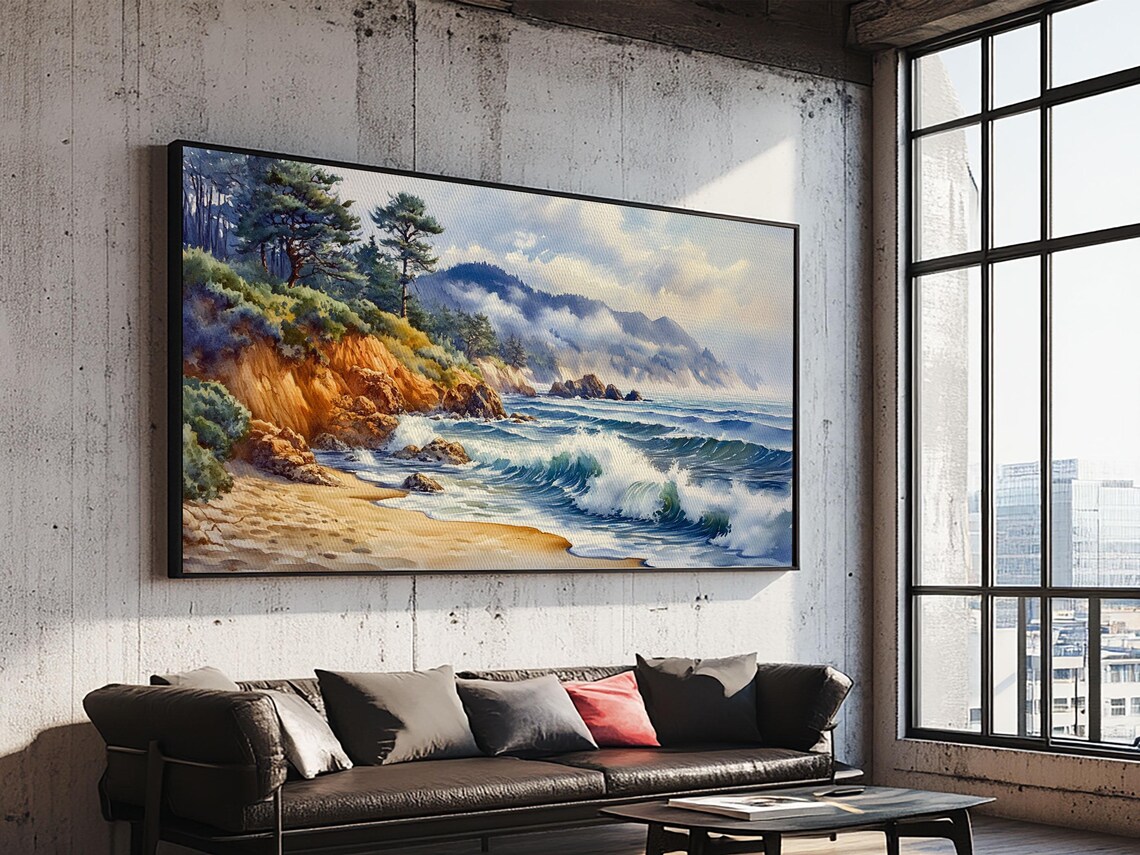 Scenic Coastal Cliffs Pine Trees Crashing Waves Sandy Cove Panoramic Poster