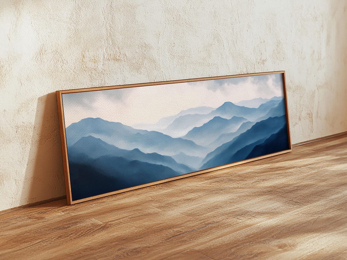Layered Blue Misty Mountain Ridges Minimalist Panoramic Nature Poster