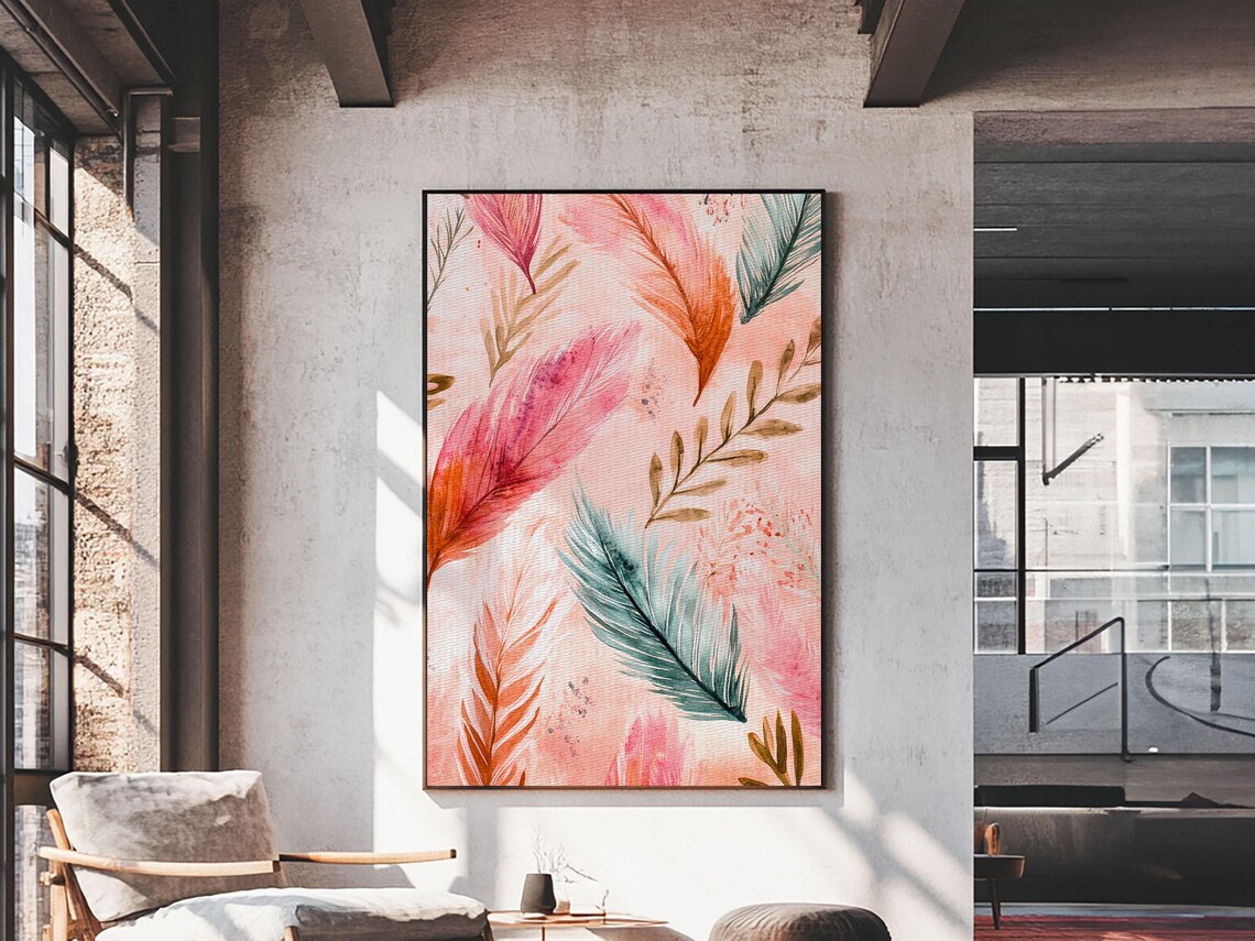 Colorful Feathers Watercolor Pink Teal Boho Bedroom Wall Art Poster - Image 5