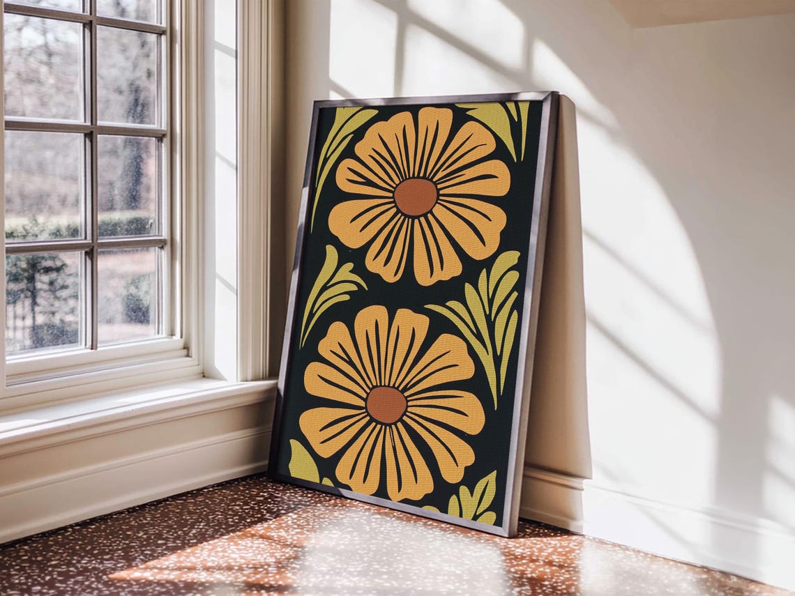 Mid Century Modern Mustard Flowers Retro Botanical Art Poster