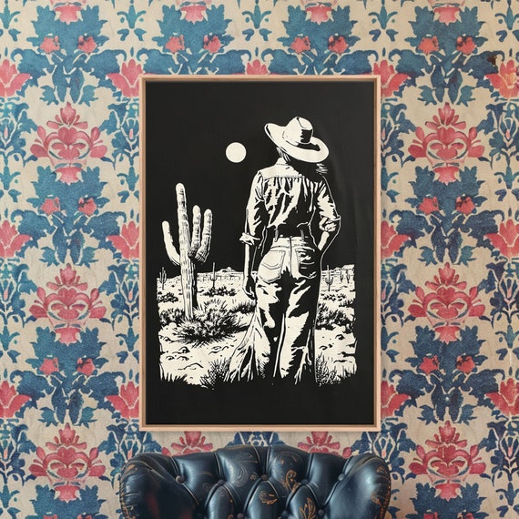 Cowgirl Guitarist Art Print Western Silhouette Framed Vintage Country Music Artwork Rustic Western Home Decor