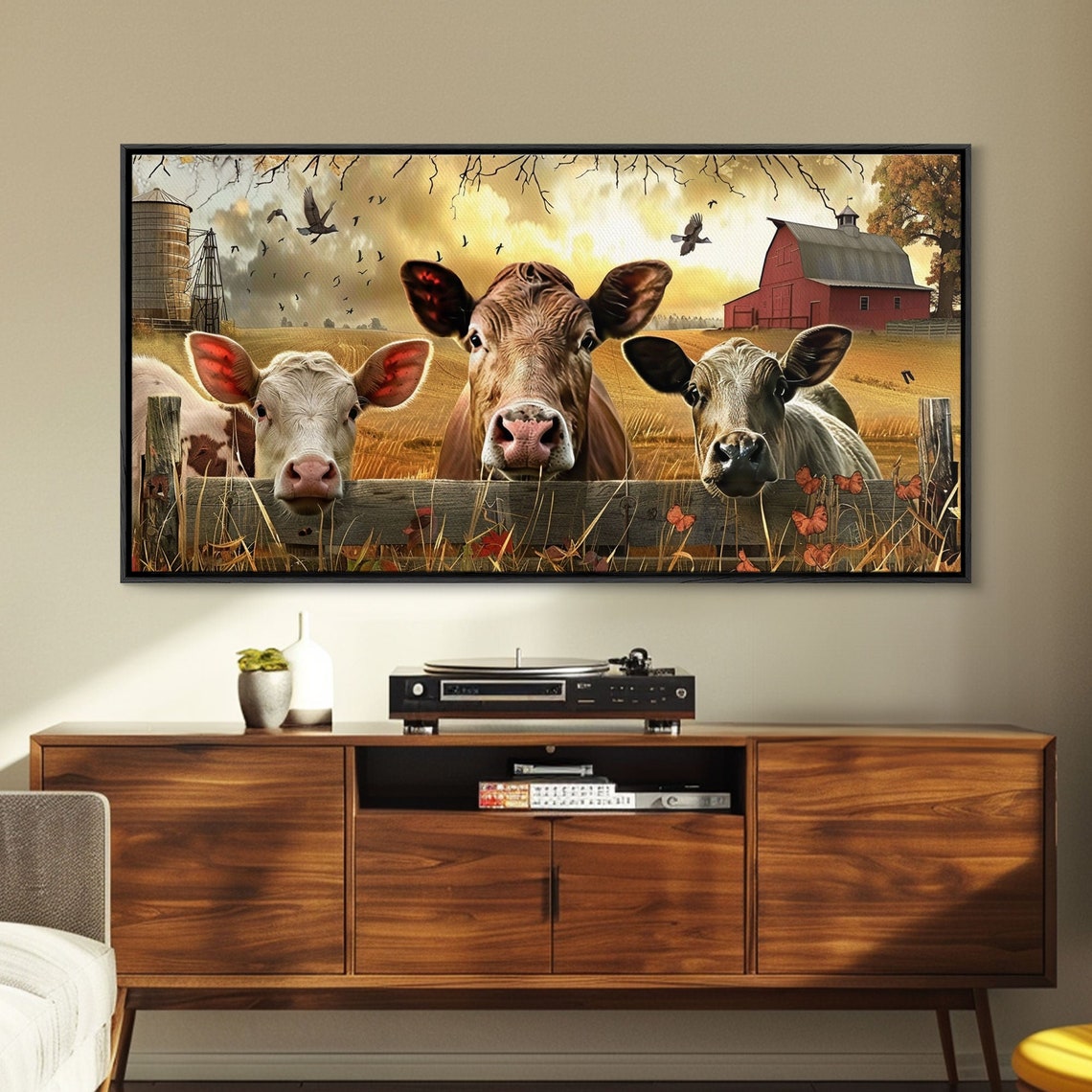 Three Curious Cows Peeking Over Fence Farm Barn Sunset Art Poster - Image 4