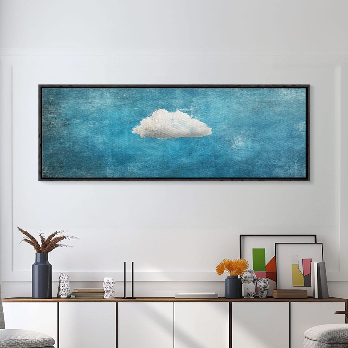 Single White Cloud Blue Textured Sky Minimal Minimalist Art Print