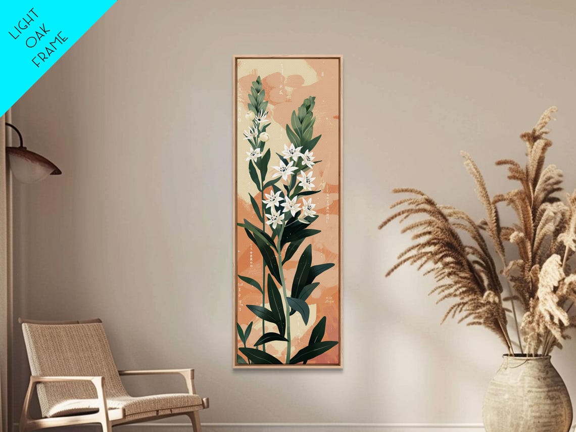 White Lily Flowers On Tall Stems Peach Background Japanese Wall Art - Image 4
