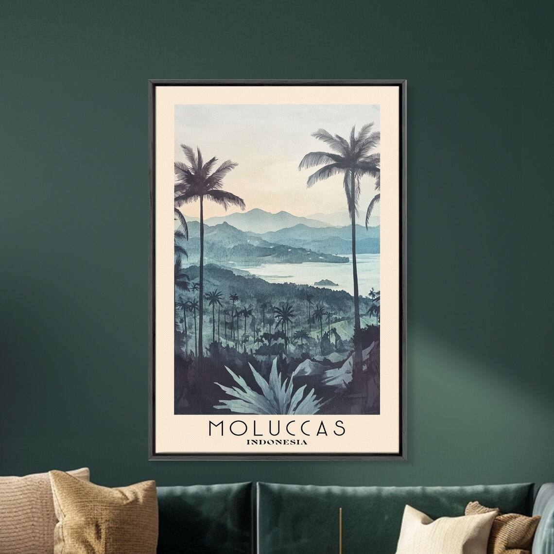 Moluccas Indonesia Misty Jungle Mountains Palm Silhouette Watercolor Poster - Image 5