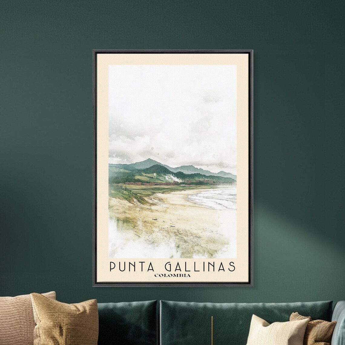 Punta Gallinas Colombia Pale Windswept Beach Green Hills Misty Coast Watercolor Poster - Image 5