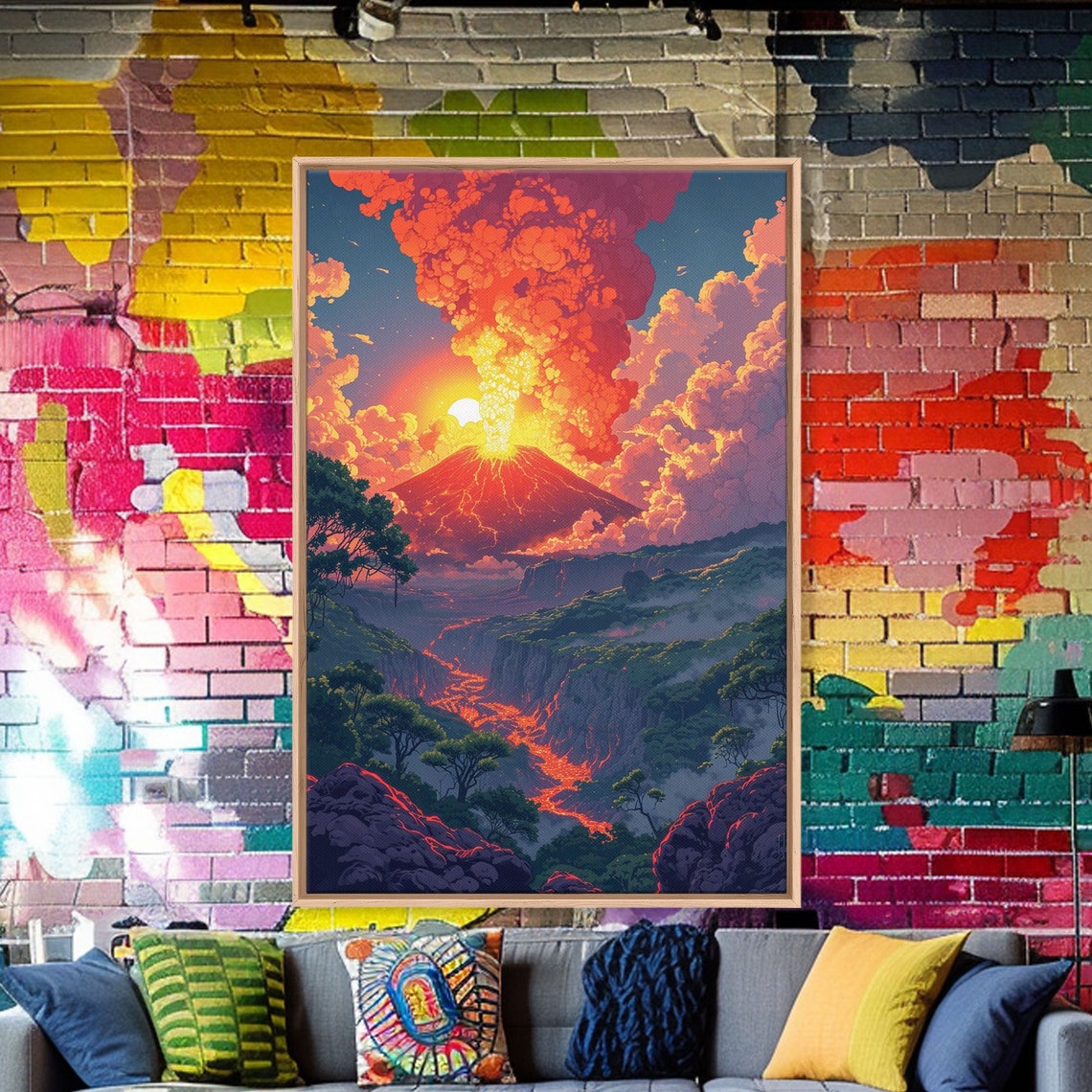 Vivid Volcano Eruption Poster with Fiery Orange Lava Sky Landscape Art - Image 2