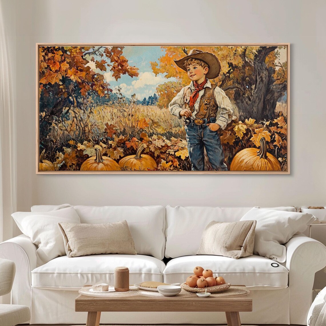 Vintage Little Cowboy With Red Bandana Among Pumpkins Fall Retro Poster - Image 4