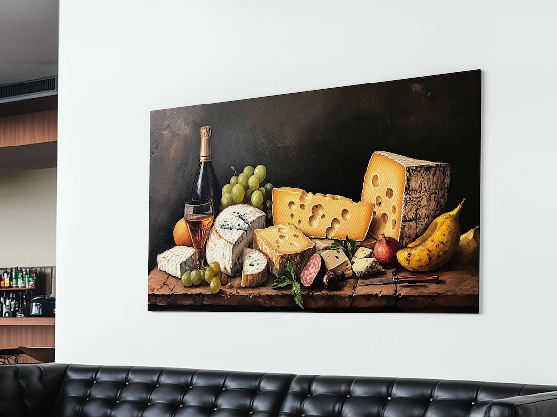 Cheese Wine Grapes And Salami Classic Still Life Painting Kitchen Print