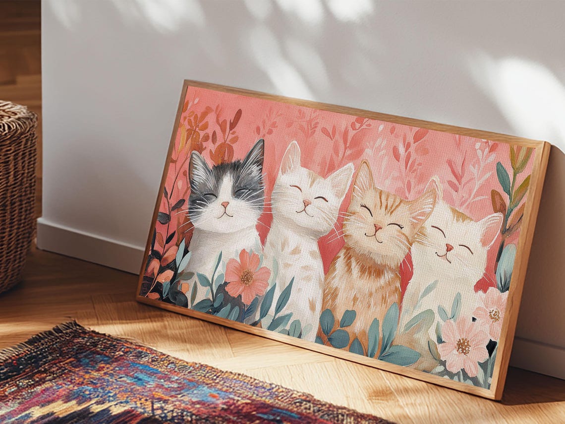 Four Happy Smiling Cats Floral Illustration Cute Kitten Gift Poster - Image 2