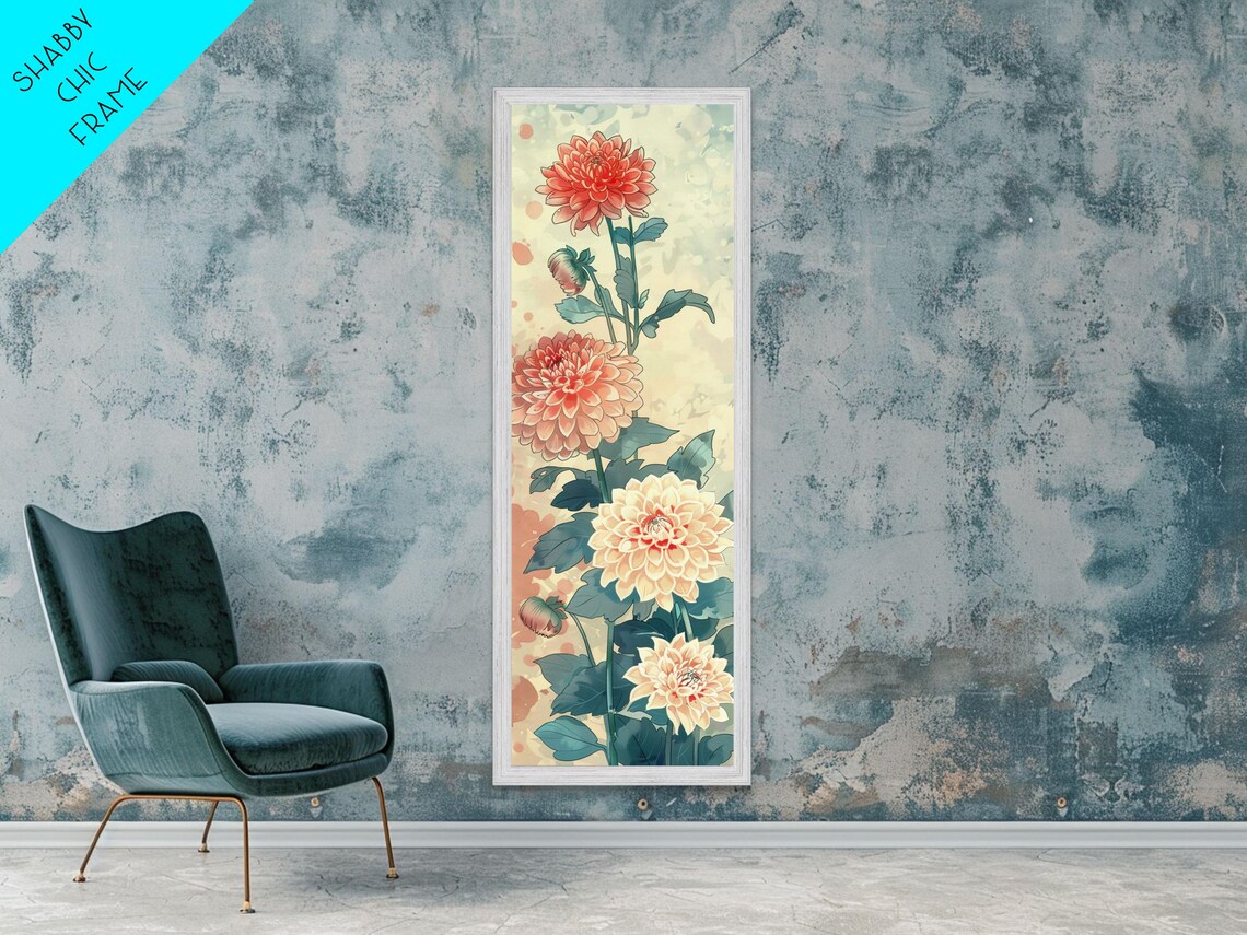 Vibrant Dahlia Flowers Red Orange Cream Tall Japanese Art Poster - Image 5