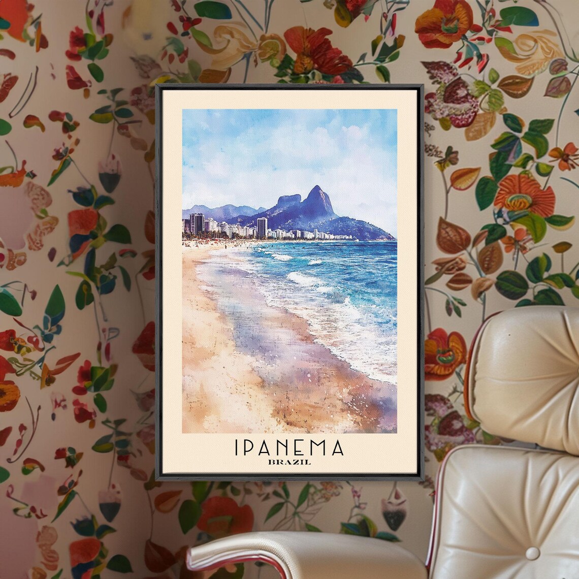 Ipanema Brazil Rio Beach Skyline Mountain Backdrop Watercolor Poster - Image 2