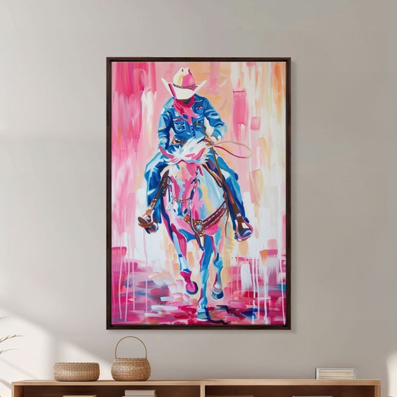 Cowboy Riding In Pink Colorful Western Art Framed Print Living Room Decor Cowboy Painting Vibrant Wall Art