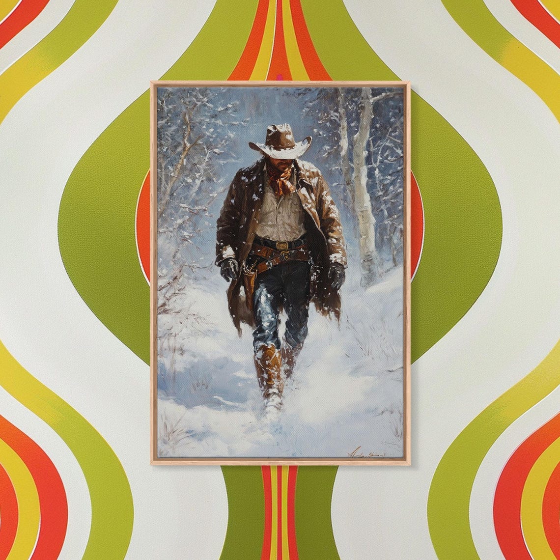 Lone Cowboy Walking Snowy Birch Forest Duster Coat Winter Poster - Image 5