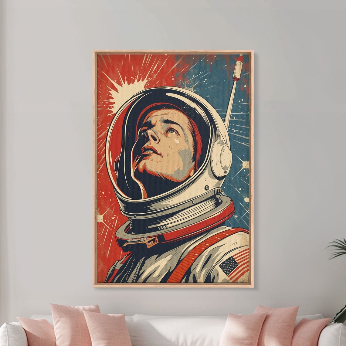 Vintage Pop Art Astronaut Looking Up Red Starburst Space Wall Art - Image 4