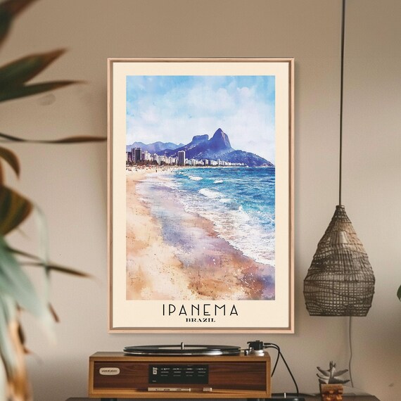 Ipanema Brazil Rio Beach Skyline Mountain Backdrop Watercolor Poster