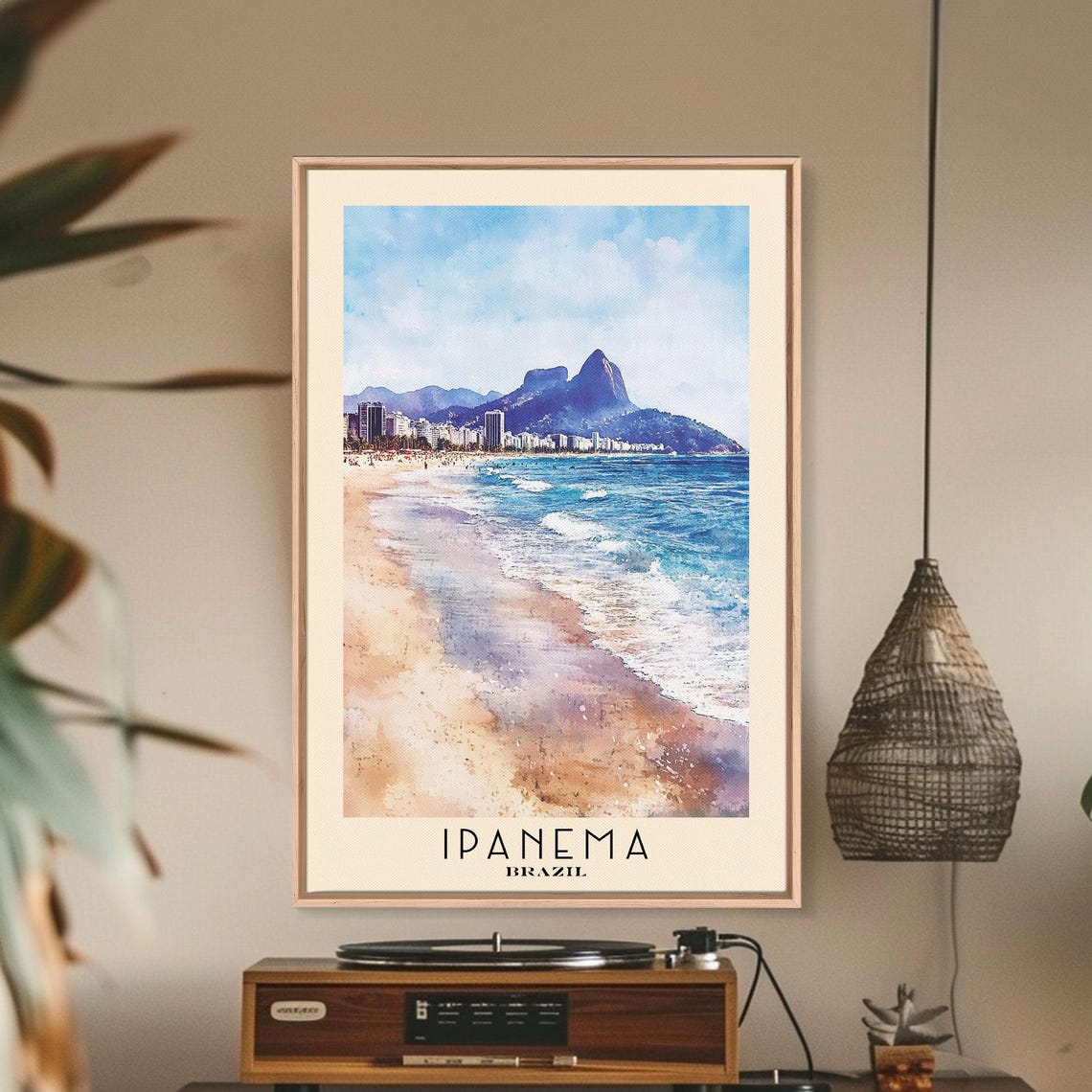 Ipanema Brazil Rio Beach Skyline Mountain Backdrop Watercolor Poster