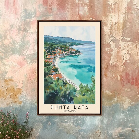 Punta Rata Croatia Red Roof Coastal Town Turquoise Bay Hillside View Watercolor Poster