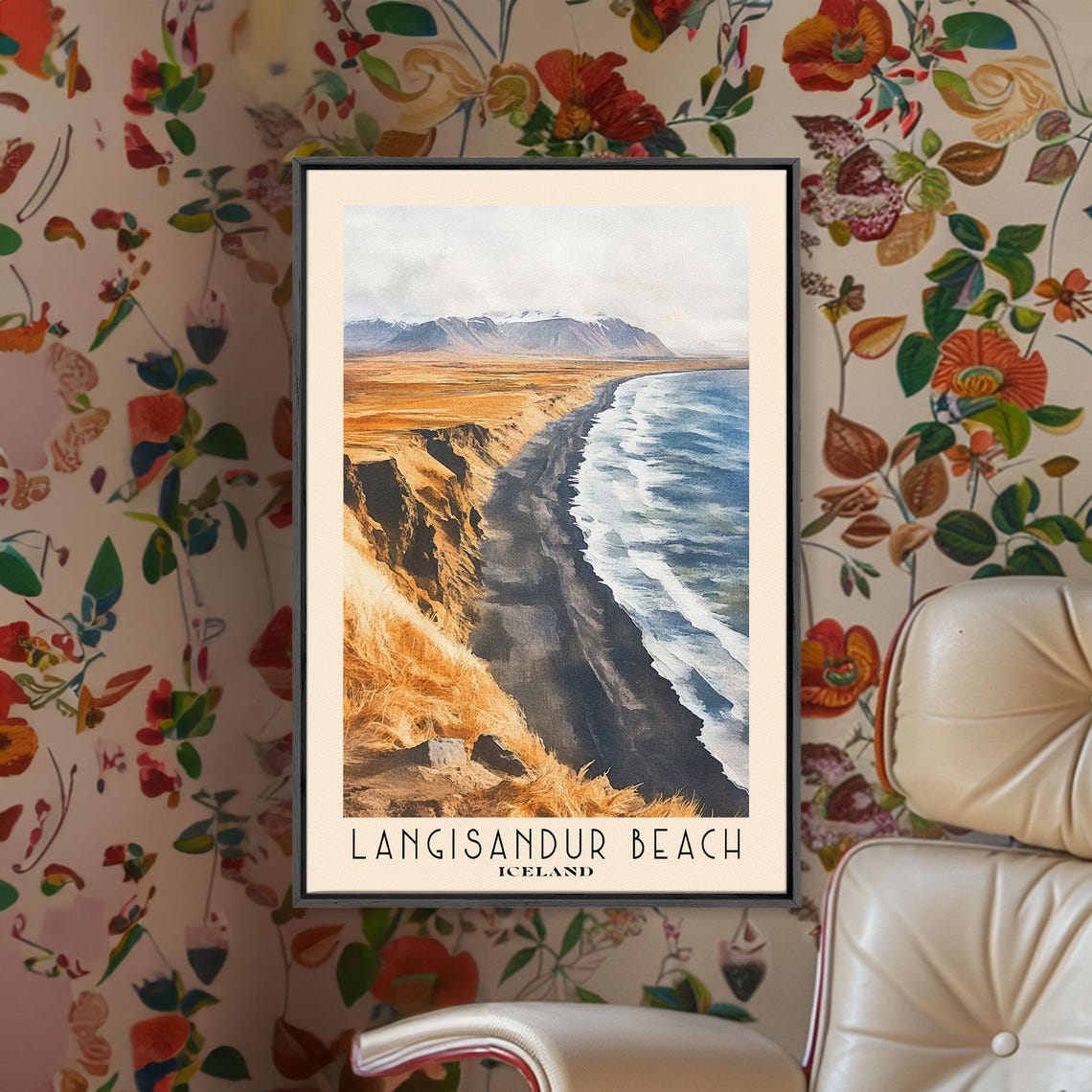 Langisandur Beach Iceland Black Cliffs Golden Grass Foamy Sea Poster - Image 2