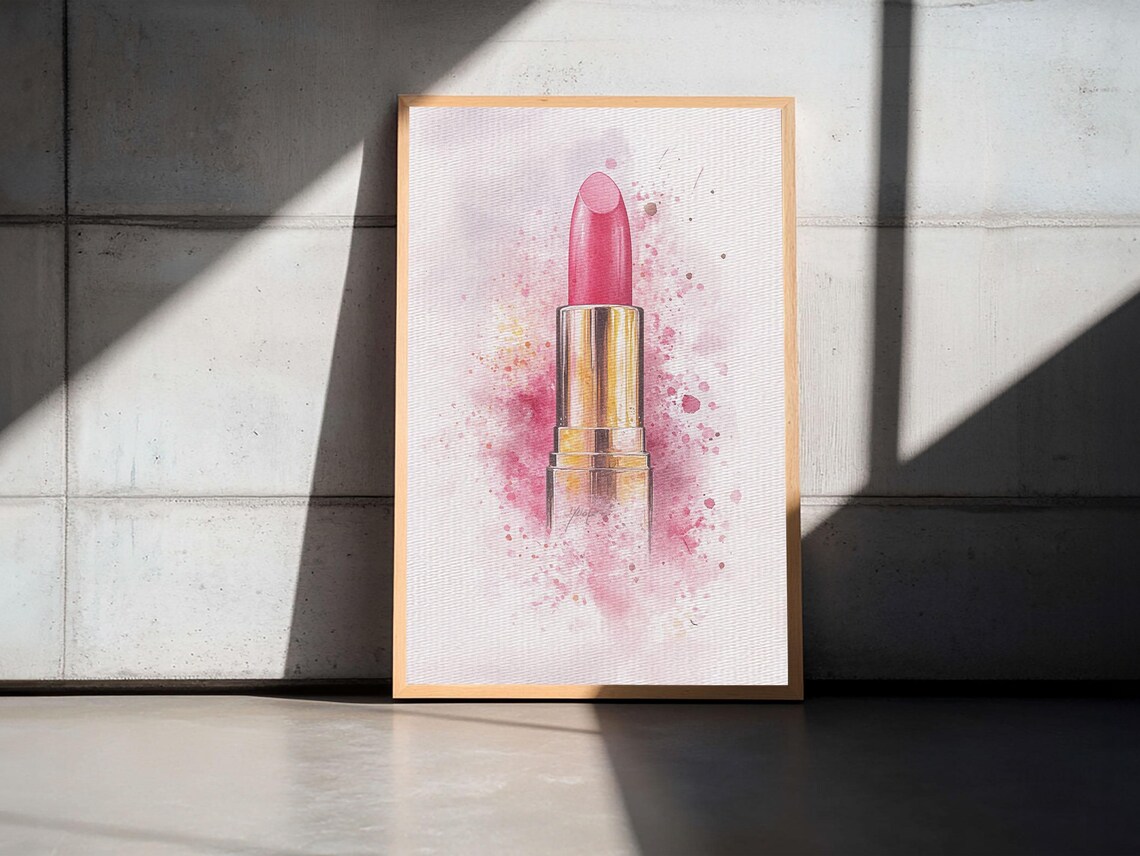 Pink Lipstick In Gold Tube Watercolor Feminine Beauty Wall Art Print - Image 6