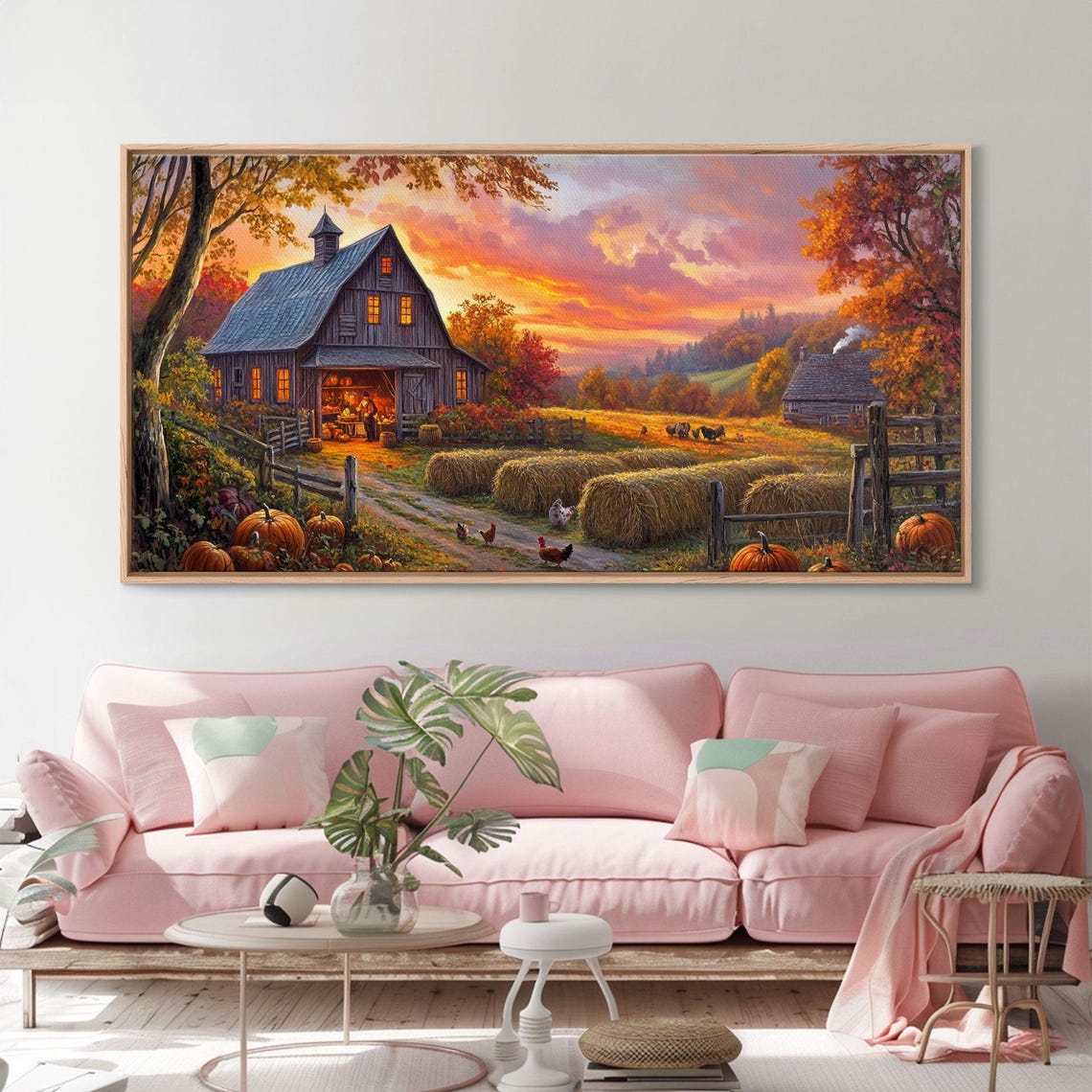 Rustic Barn Sunset Harvest Hay Bales Pumpkins Fall Landscape Art - Image 5