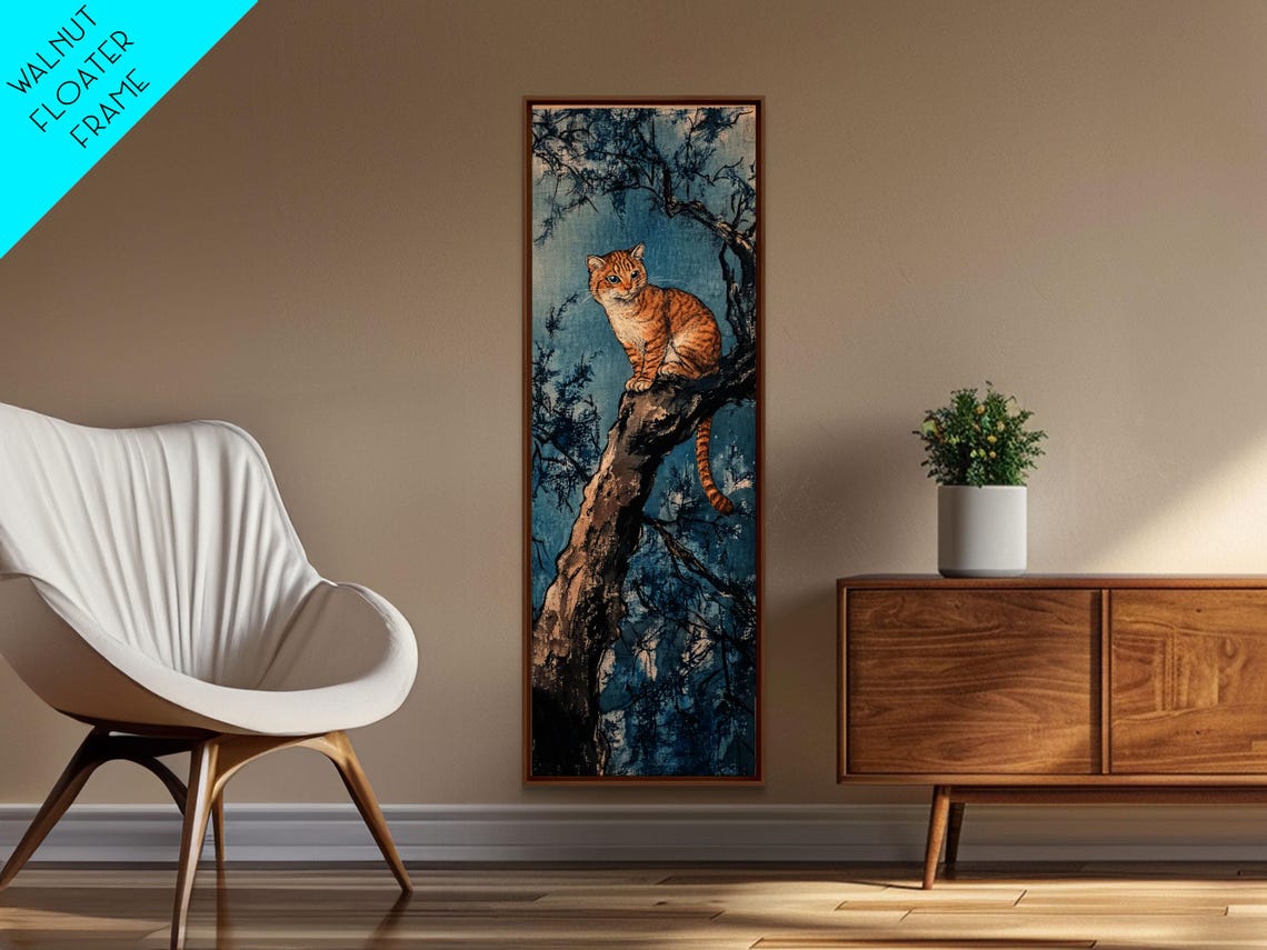 Ginger Tabby Cat on Tree Branch Night Japanese Style Wall Art - Image 6