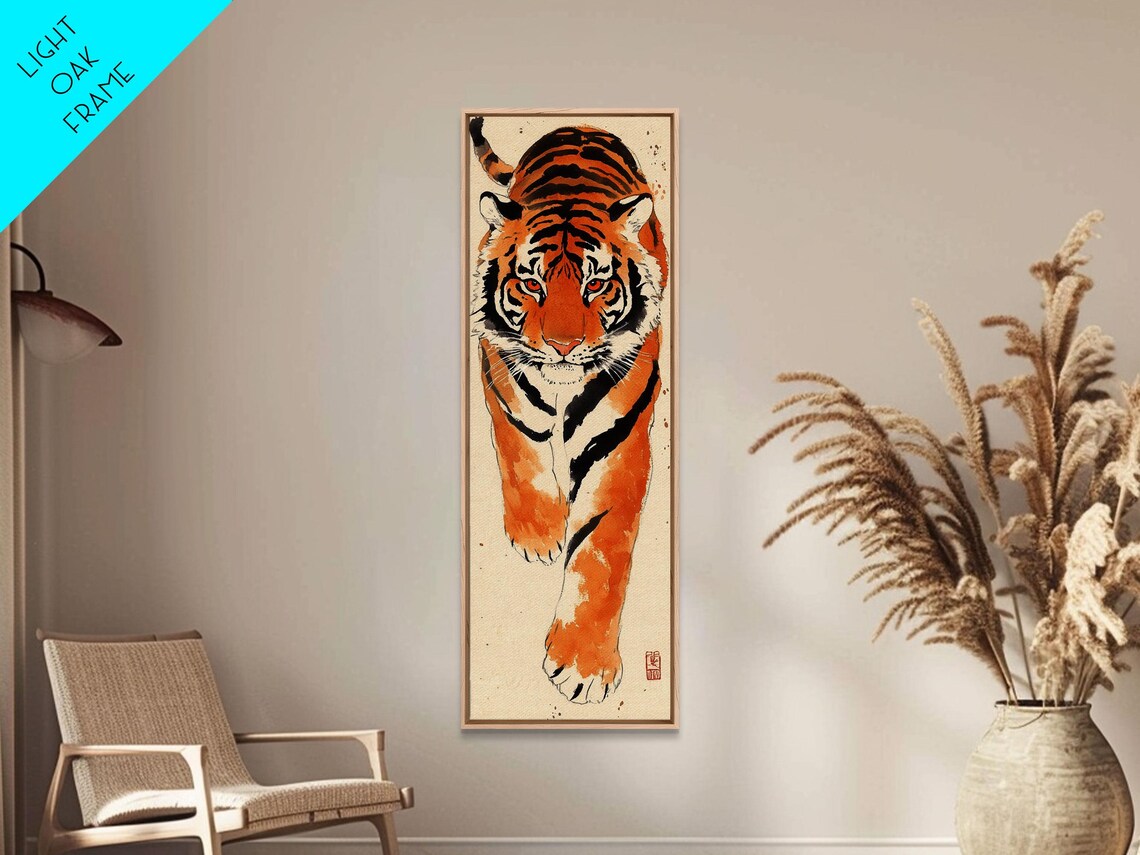 Bold Orange Tiger Striding Forward Intense Gaze Ink Watercolor Art Poster - Image 2