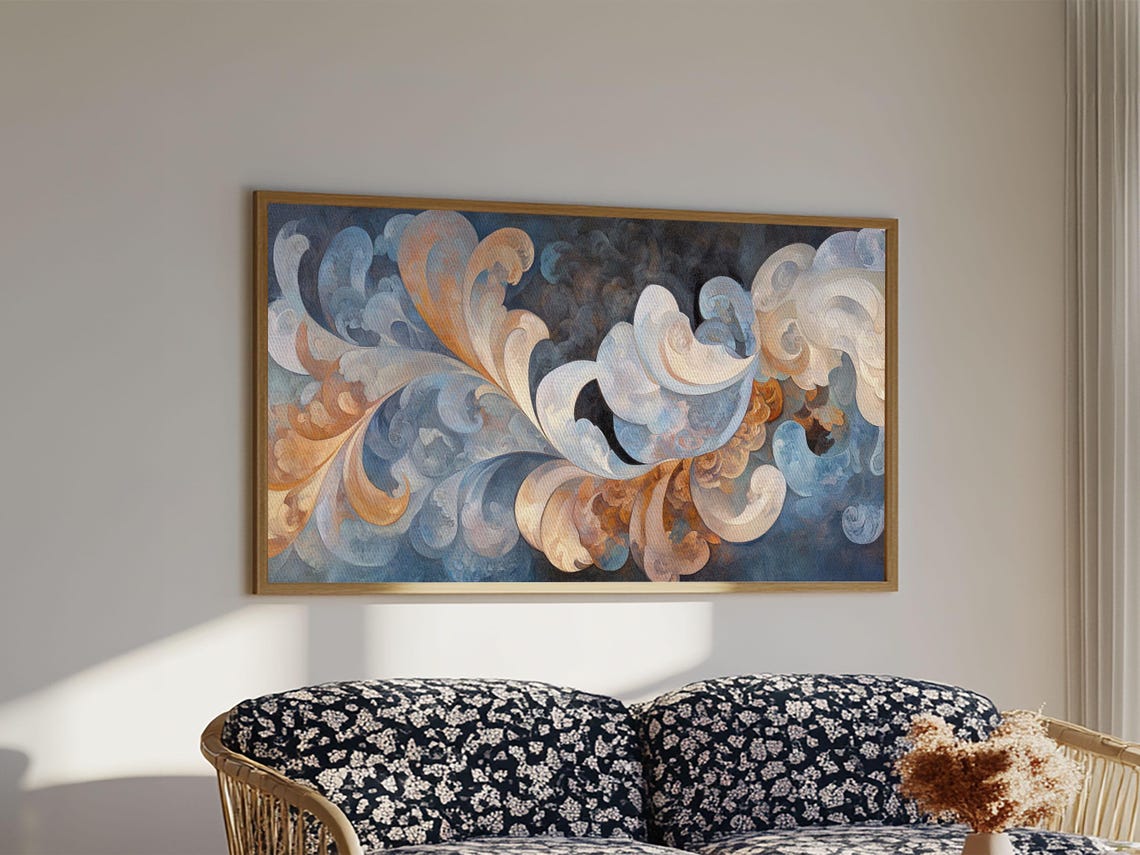 Swirling Blue Orange Print Geometric Wall Art Nautical Rustic Decor Moody Abstract Artwork Idea Horizontal Living Room Design - Image 5