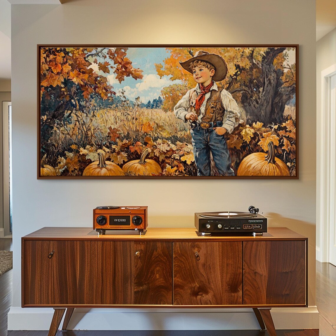 Vintage Little Cowboy With Red Bandana Among Pumpkins Fall Retro Poster - Image 5