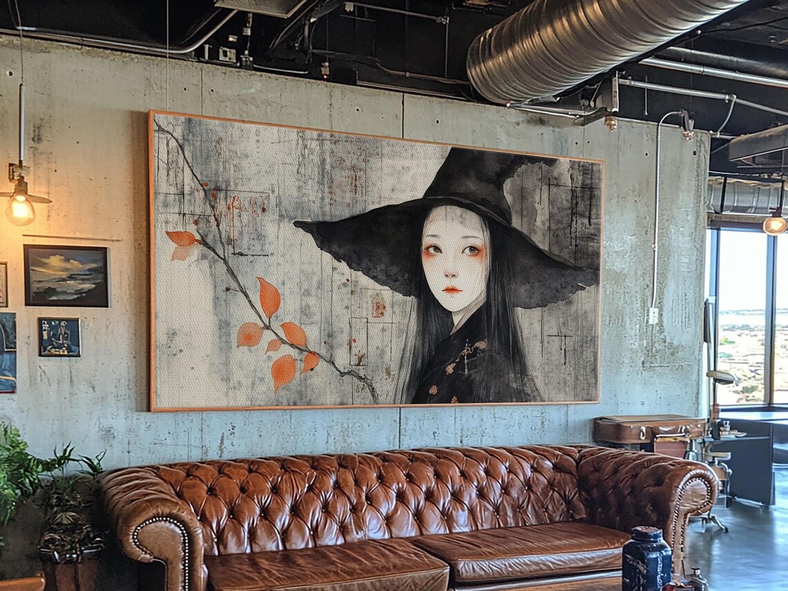 Wabi Sabi Witch Portrait Panoramic Japanese Ink Wash Framed Artwork Poster - Image 3