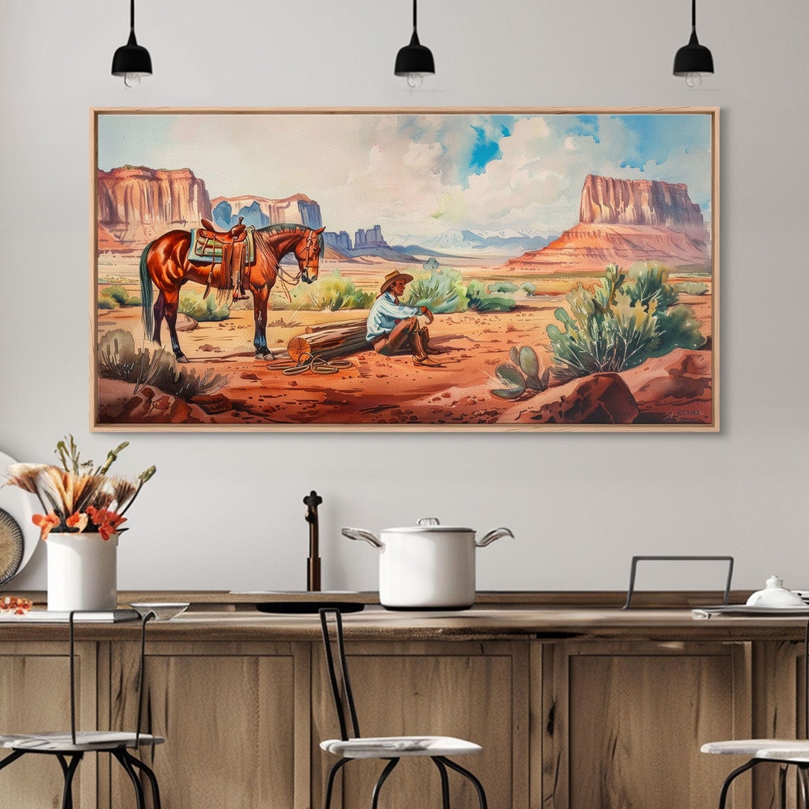 Cowboy Resting by Horse Red Rock Desert Western Scene Painting Poster - Image 3