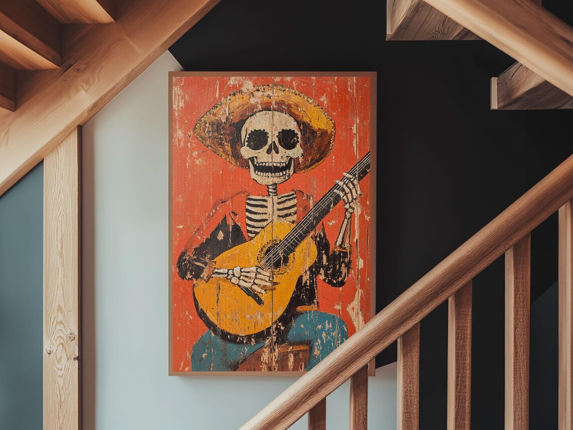 Mexican Skeleton Vaquero Guitar Art Print, Southwestern - Image 4