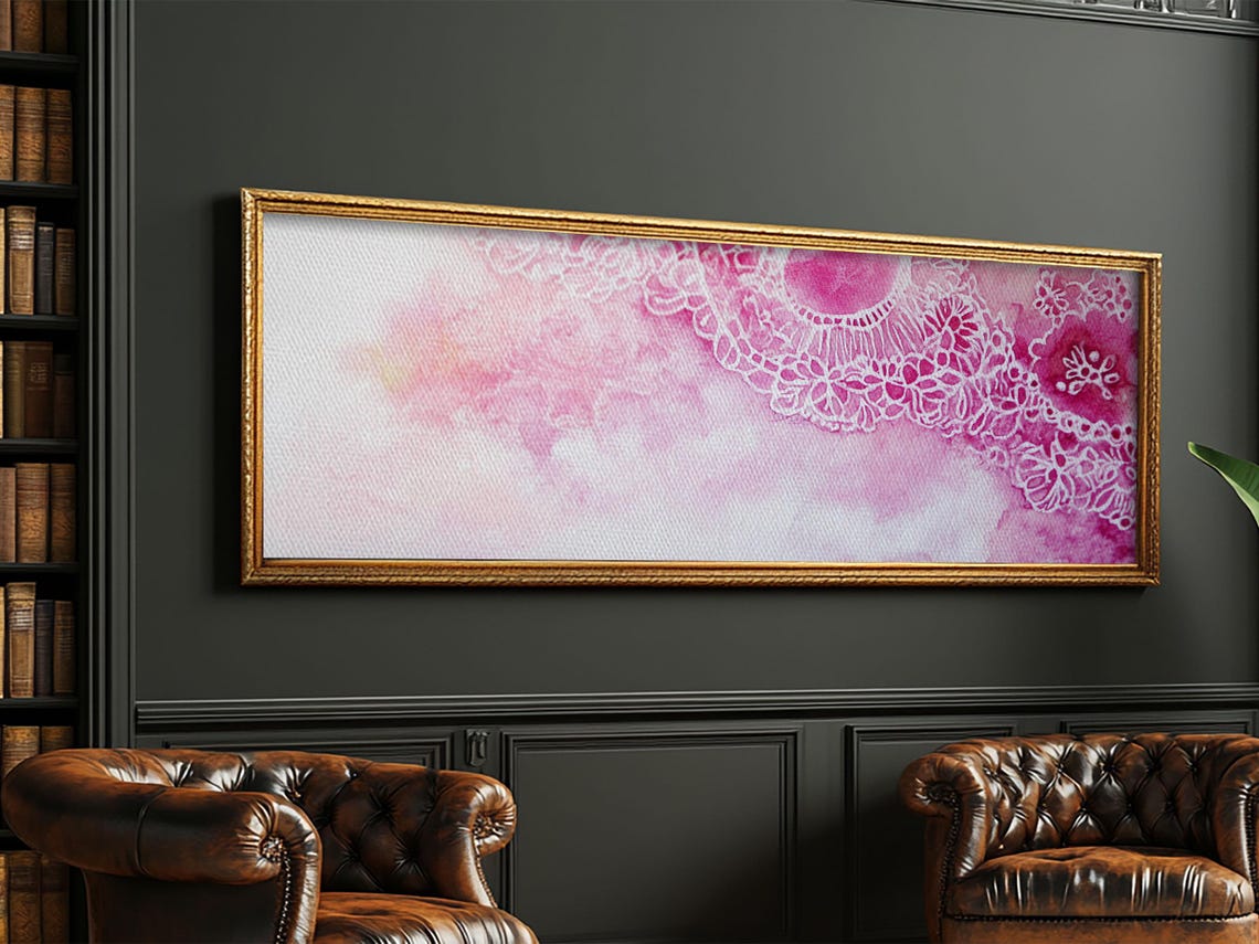 Delicate Pink Lace Doily Watercolor Floral Pattern Panoramic Art Print - Image 5