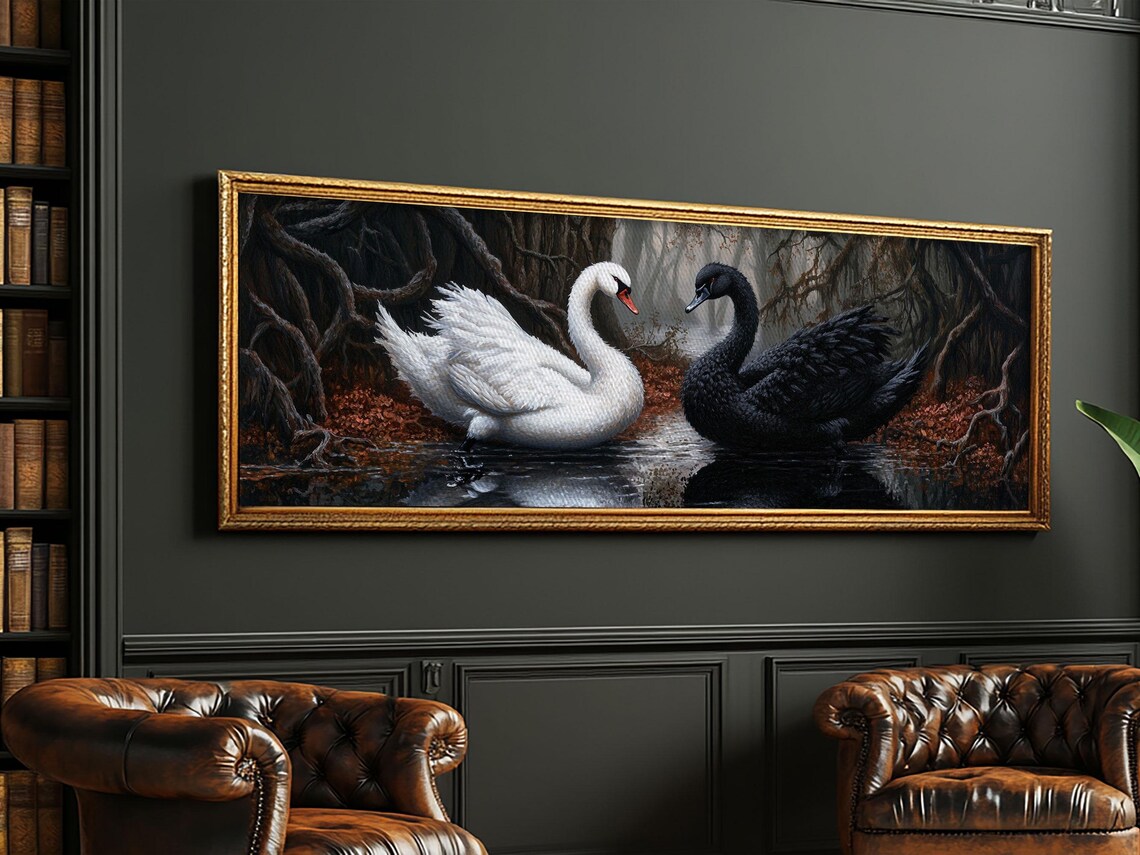 Black White Swans Heart Dark Water Gothic Romance Panoramic Wall Poster - Image 2