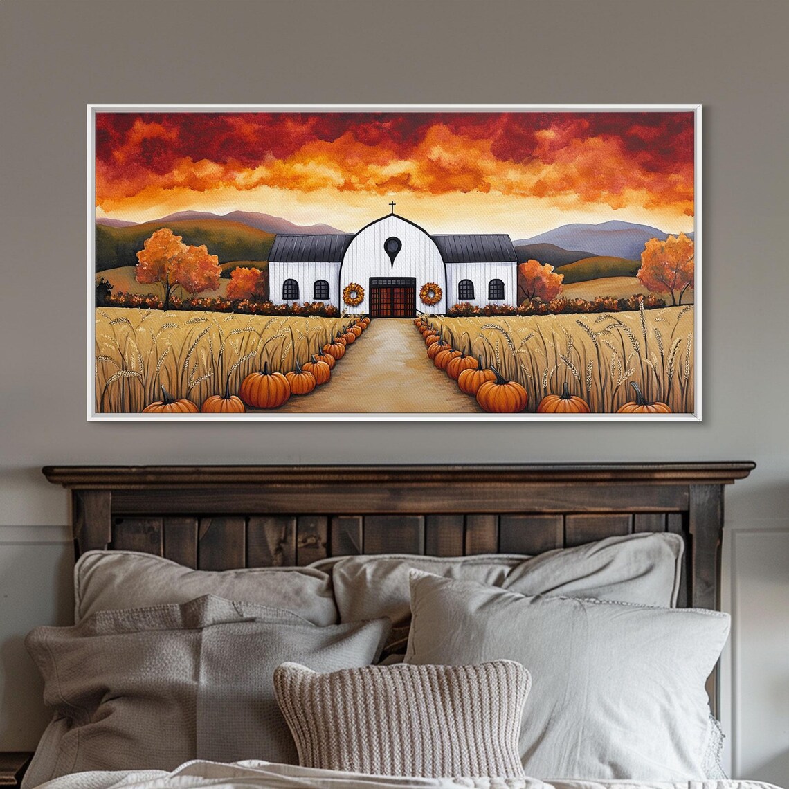 White Barn With Pumpkin Lined Path Wheat Fields Fiery Sunset Fall Wall Poster - Image 2