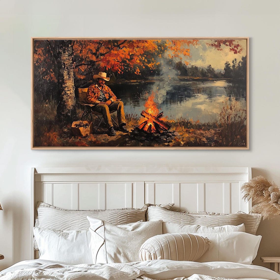 Cowboy Campfire Autumn Lake Rustic Western Landscape Painting Poster - Image 4