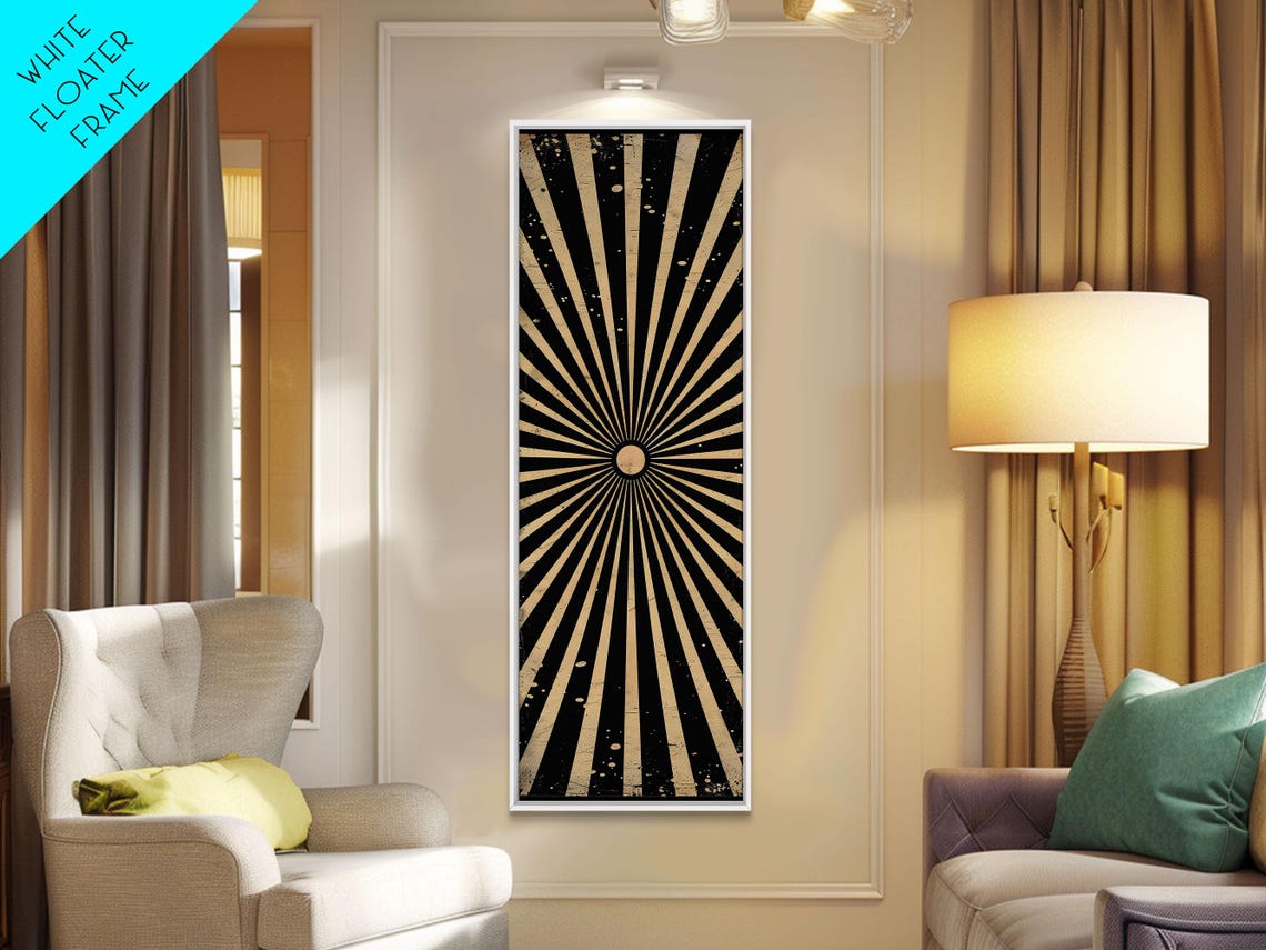 Black And Cream Vintage Sunburst Rays Art Deco Wall Art Print
