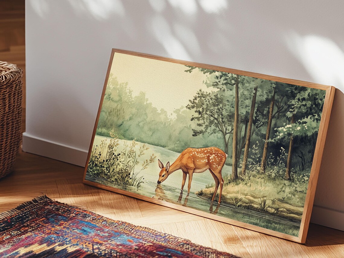 Deer Drinking At Forest Lake Misty Woods Watercolor Painting Print - Image 4