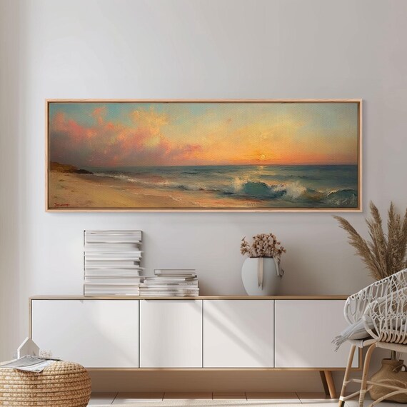Beach Sunset Pink Clouds Rolling Waves Shore Panoramic Travel Poster