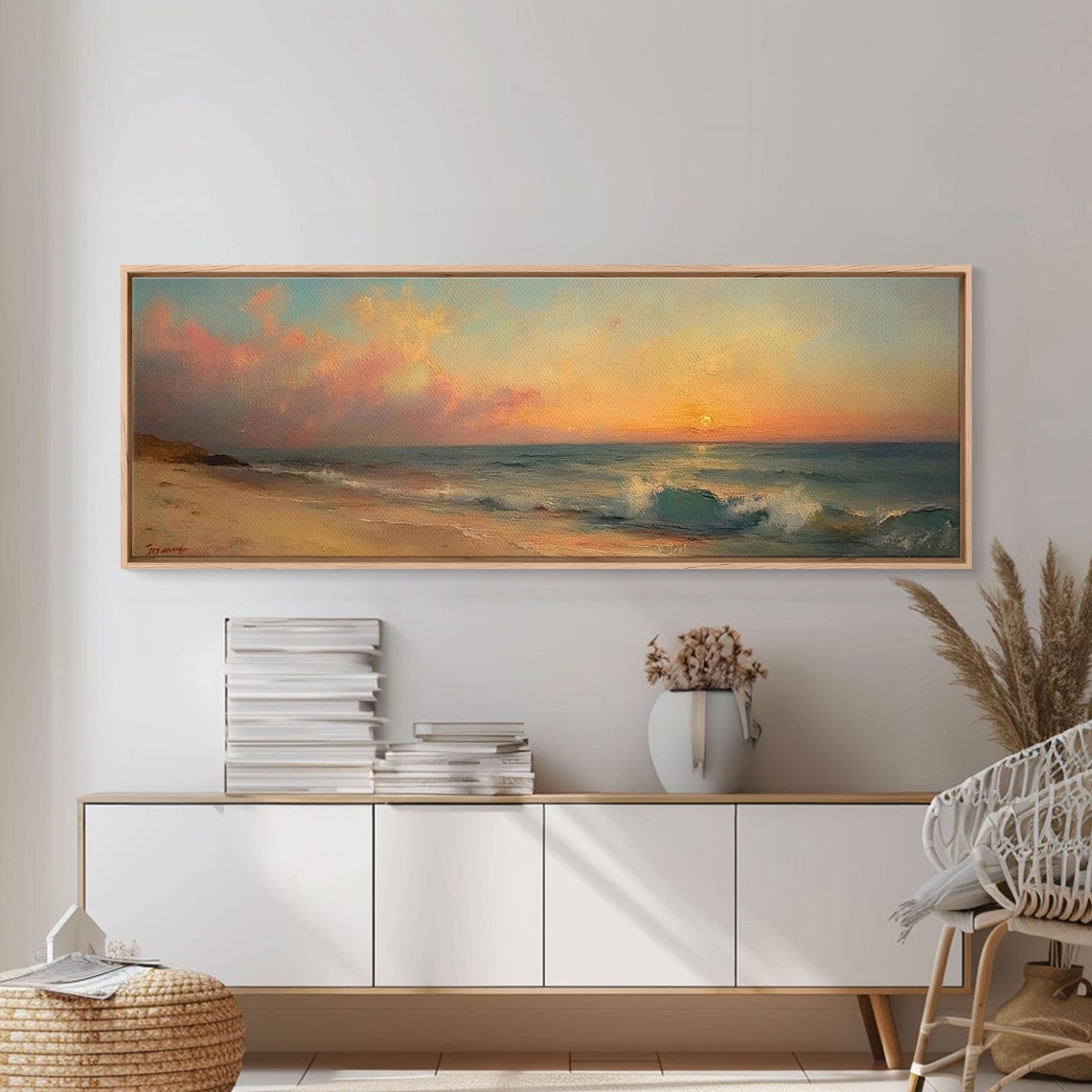 Beach Sunset Pink Clouds Rolling Waves Shore Panoramic Travel Poster