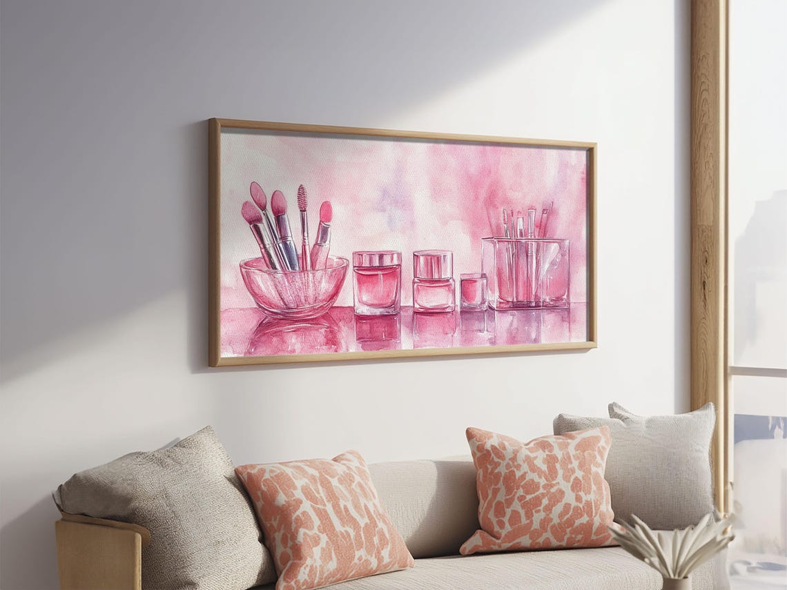 Pink Makeup Brushes Still Life Watercolor Vanity Beauty Room Poster - Image 6