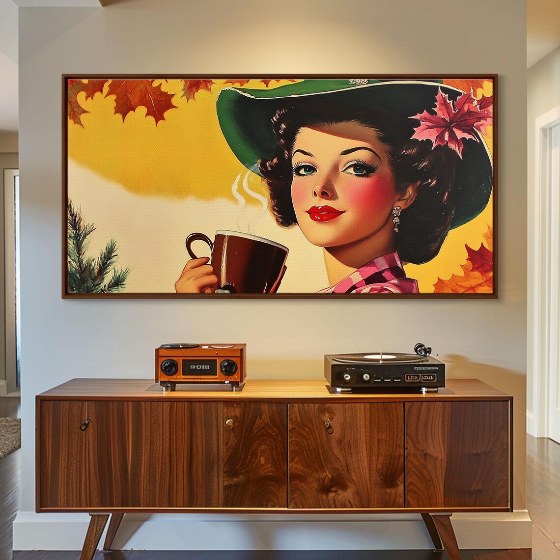 Retro Cowgirl With Coffee Autumn Leaves Vintage Pinup Style Art Poster