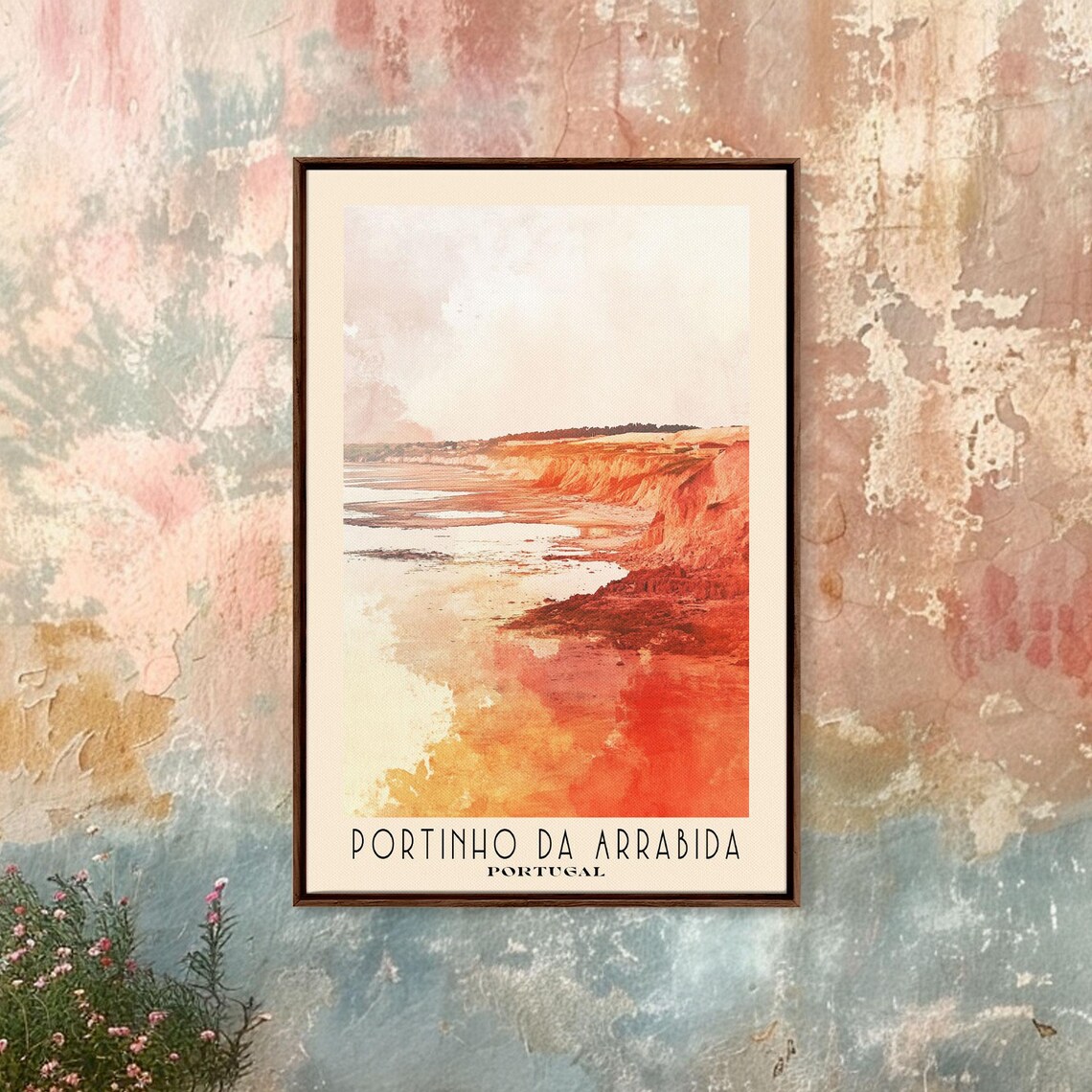 Portinho da Arrabida Portugal Glowing Red Cliffs Watercolor Travel Poster