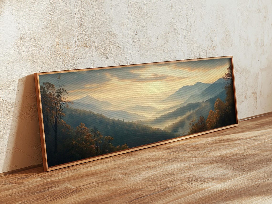 Abstract Golden Mountain Sunrise Misty Layers Panoramic Poster Art