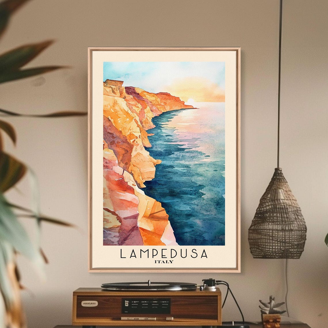 Lampedusa Italy Sunset Cliffs Golden Coastline Watercolor Poster
