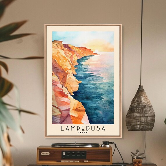 Lampedusa Italy Sunset Cliffs Golden Coastline Watercolor Poster